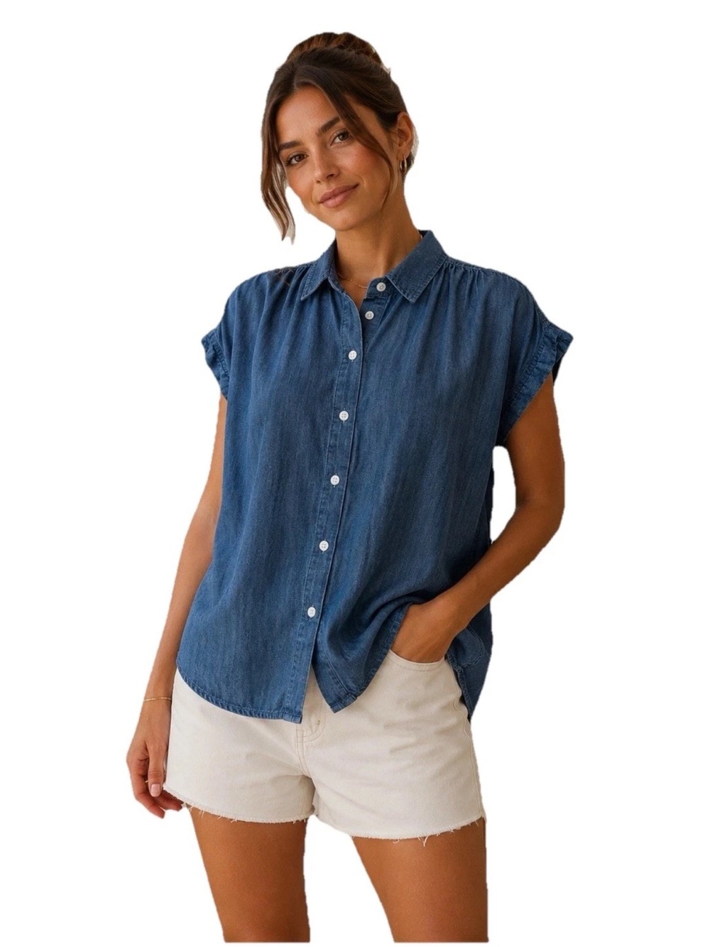 J. McLaughlin Chambray Button Up Cuffed Sleeve Blouse XS Linen Lyocell Summer